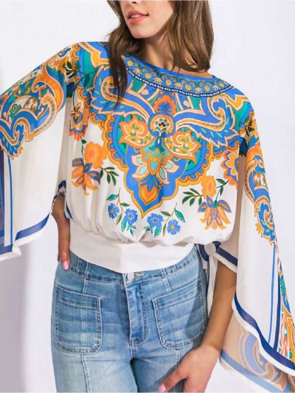 Bohemian Floral-Print Bell Sleeve Top in White and Blue